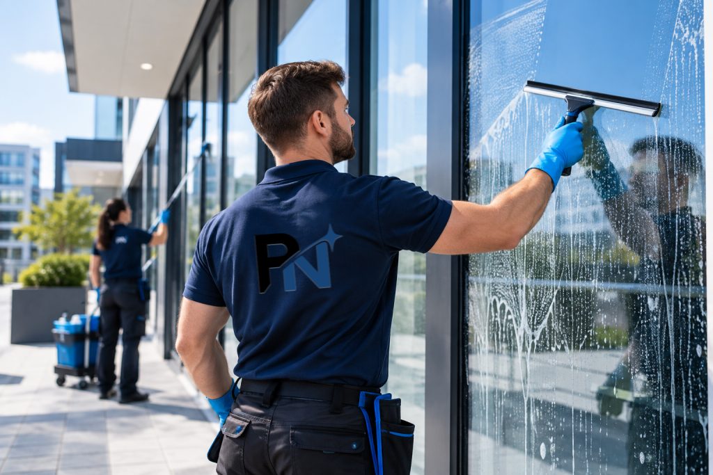 Fensterreinigung an einem modernen Bürogebäude durch PN Gebäudereinigung